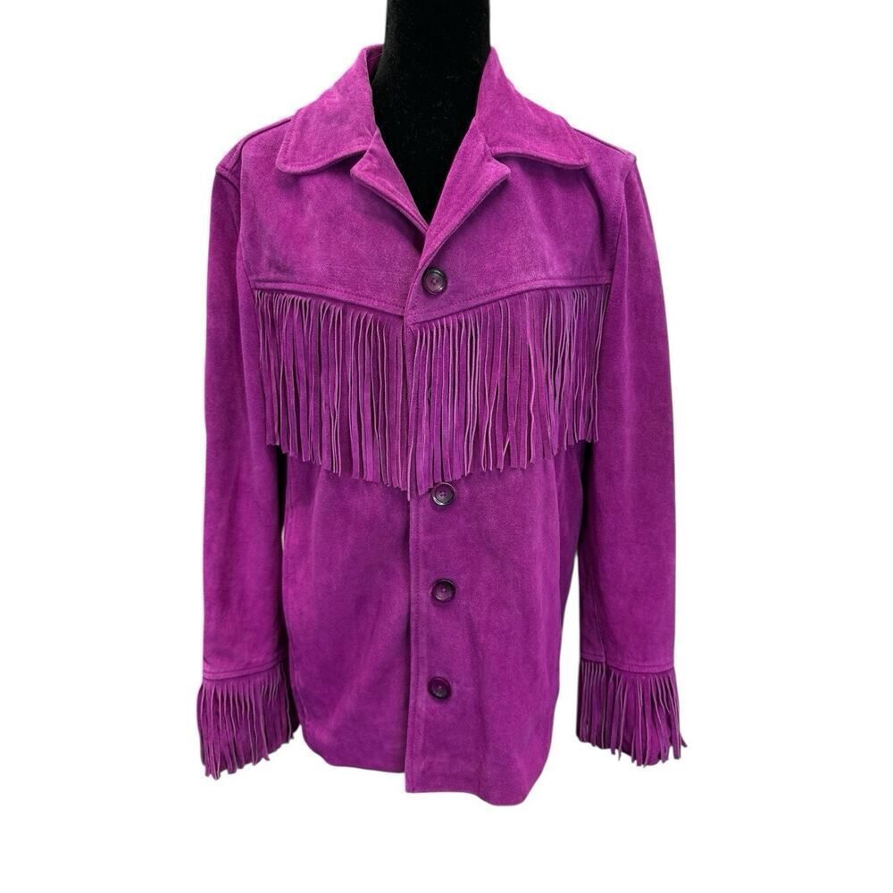 Nasty Gal Real Suede Fringe Jacket Orchid Pink Western Boho Oversized US 6 - Picture 4 of 13
